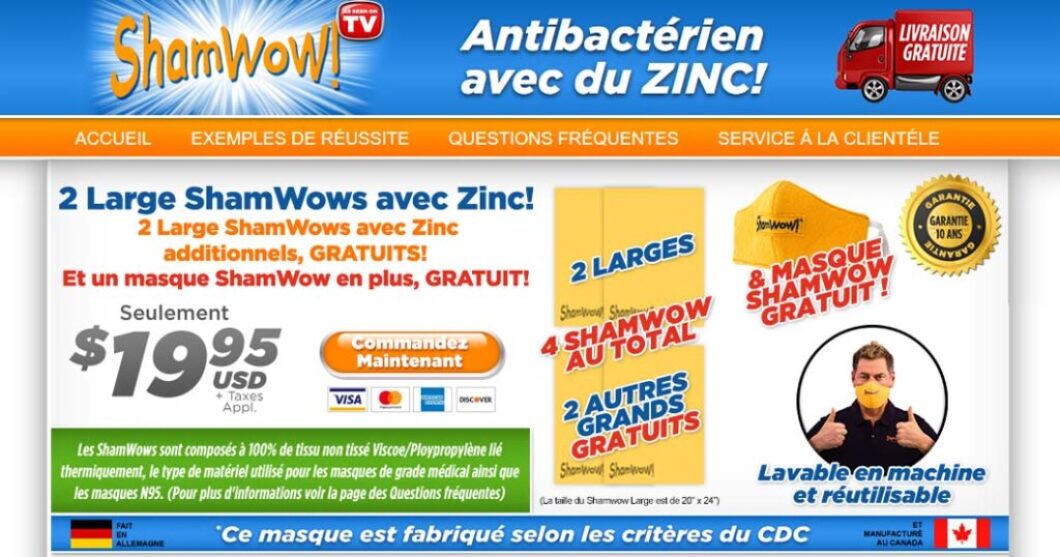 Linge et masque médical ShamWow antibactérien avec du ZINC