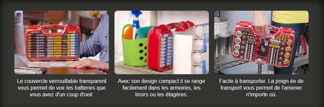 Avantages pour la boîte de rangement et testeur pour batteries Battery Daddy